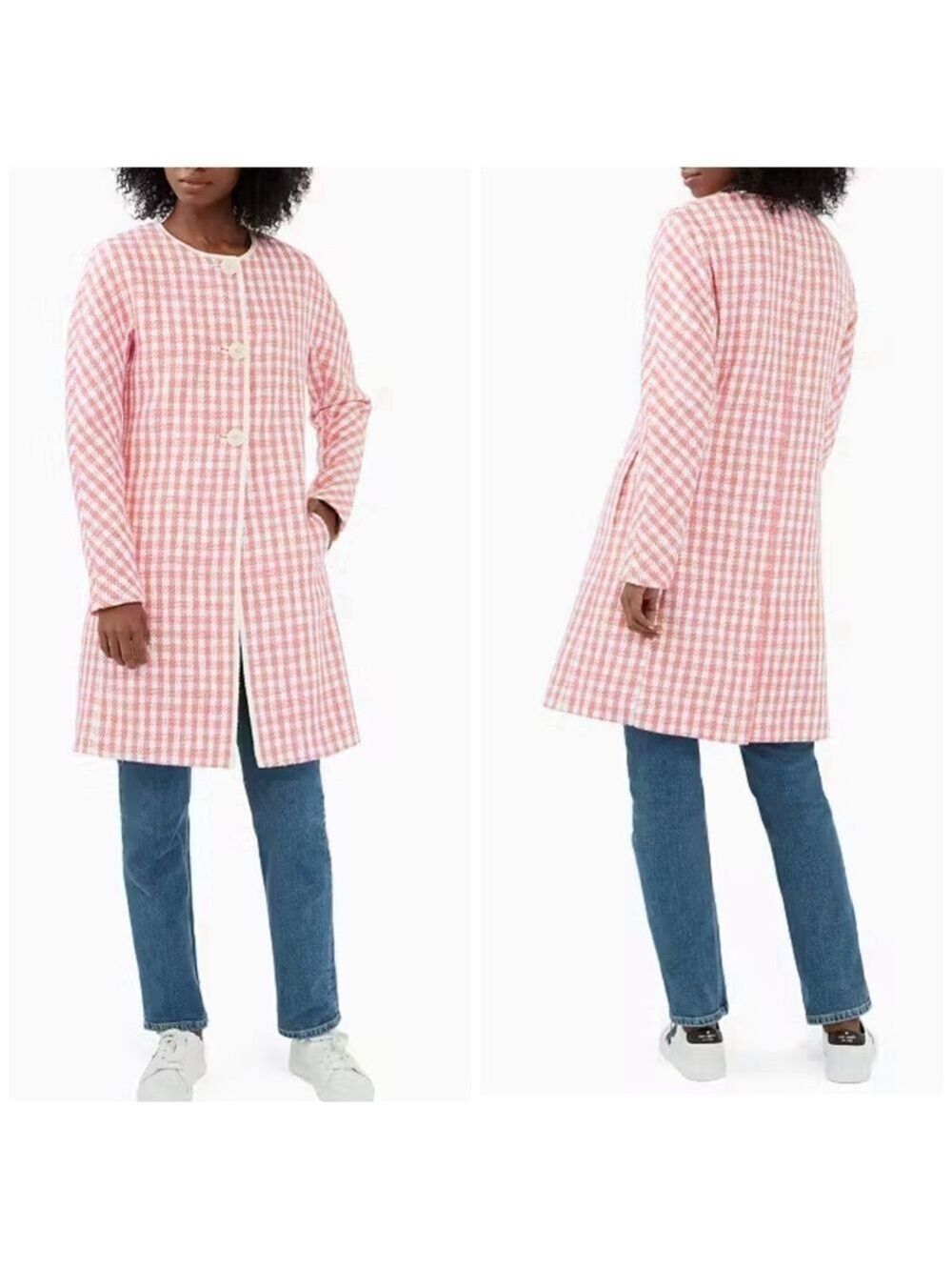 Kate Spade Gingham Tweed A-Line Button Front Collarless Coat Jacket
